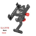 Soporte de móvil para manillar, de aluminio negro con brazos de sujeción y mandos de ajuste rojos; gira 360°.