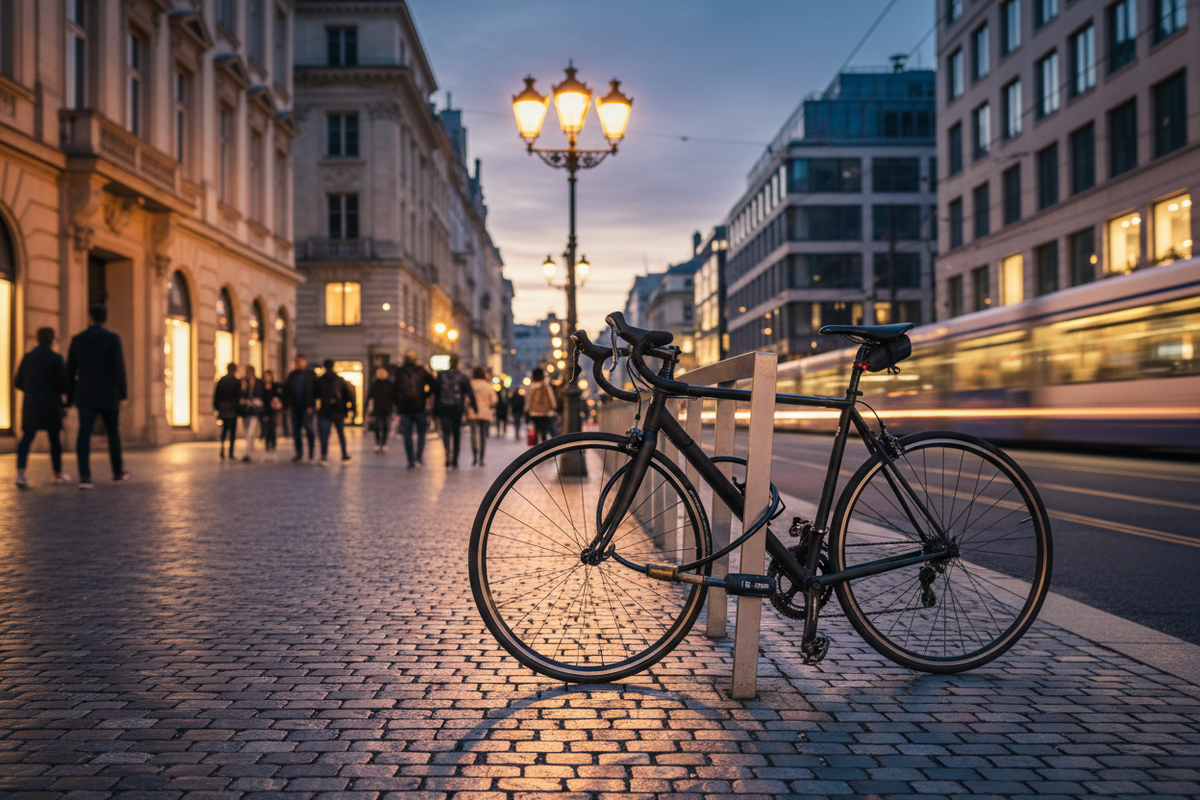 Bicicleta urbana negra con cuadro metálico y ruedas finas, junto a una farola; seguro de responsabilidad civil para ciclistas.