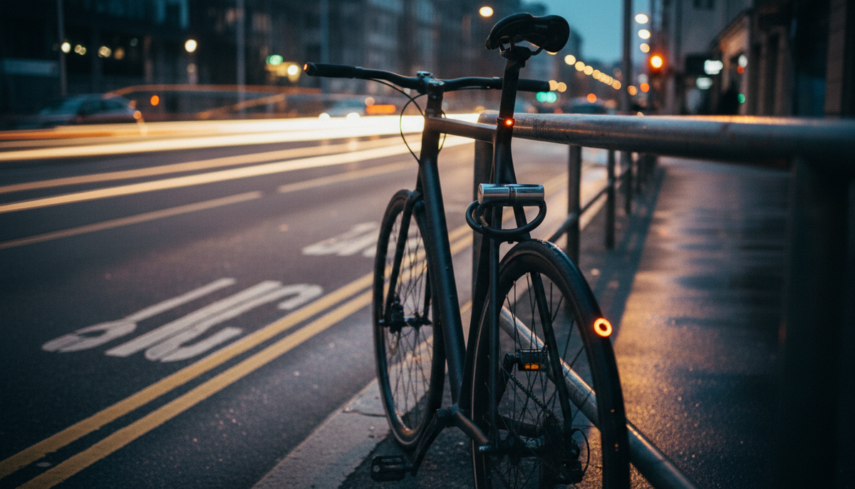 Bicicleta urbana negra con cuadro metálico, ruedas finas y candado en U; seguro de responsabilidad civil para ciclistas.
